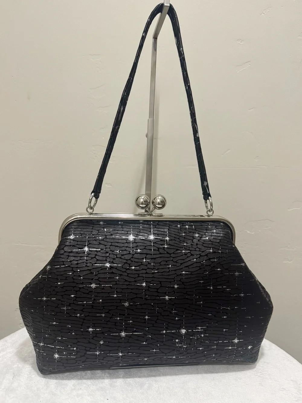 Silver Stars Embossed Cowhide Handmade Kisslock Frame, Extra Large Multi Use Bag